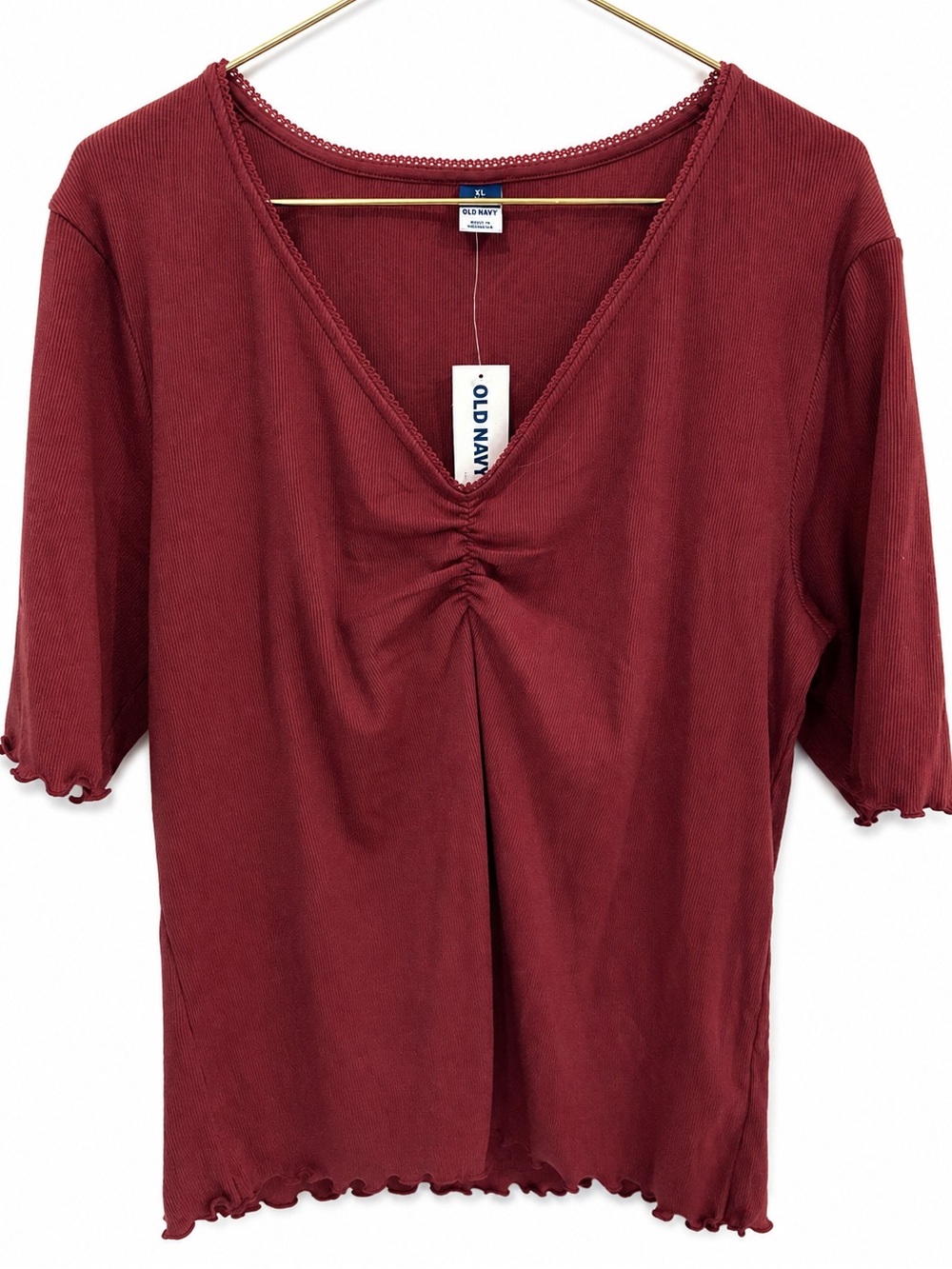 🍒 OLD NAVY NWT Ruched Rib Knit Lettuce Hem Top Burgundy Red Y2K Fitted Sz XL